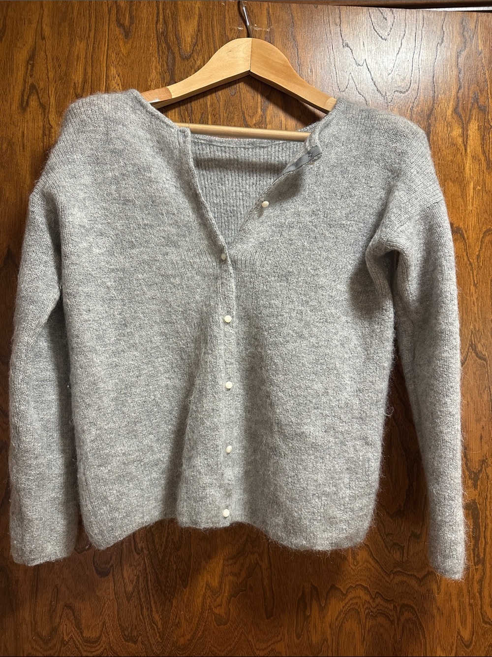 Sezane Heather Gray Pearl-Button Wool Cardigan